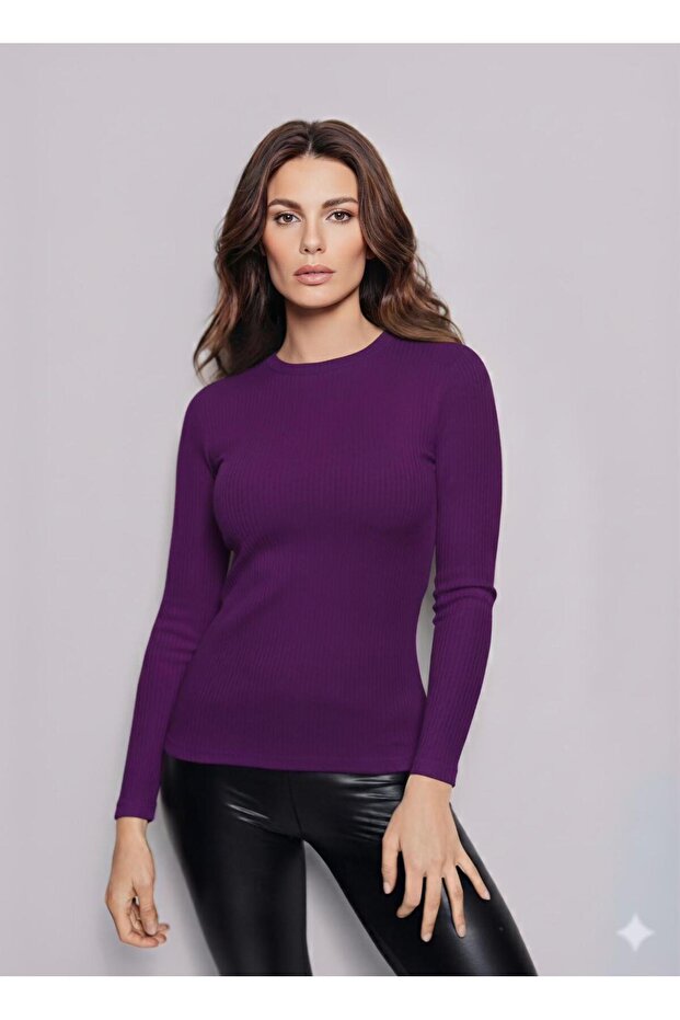 Women's Long Sleeve Purple Corded Fabric Bodysuit