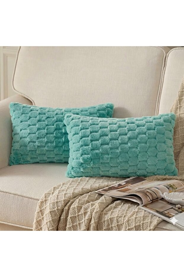 2-Pack Plush Honeycomb Rabbit Throw Pillow Cover 35*50 Water Green Color Soft Velvet Cushion Double-Sided