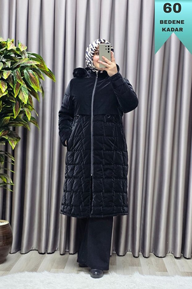 Women's Clothing Plus Size French Oversize Nova Fabric Quilted Patterned Hooded Furry Winter Long Puffer m