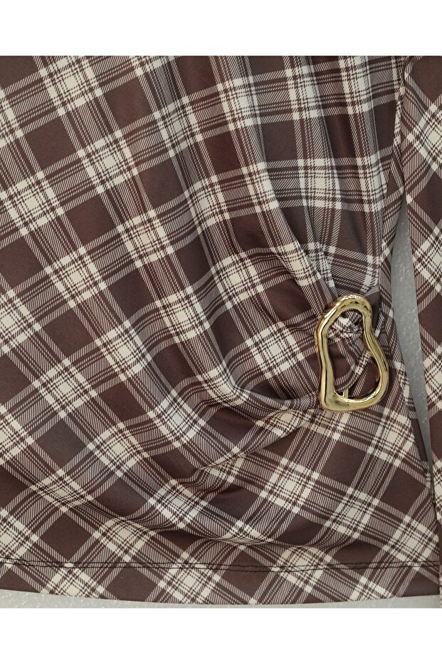 Plaid Patterned Blouse with Side Buckle - Brown - 4