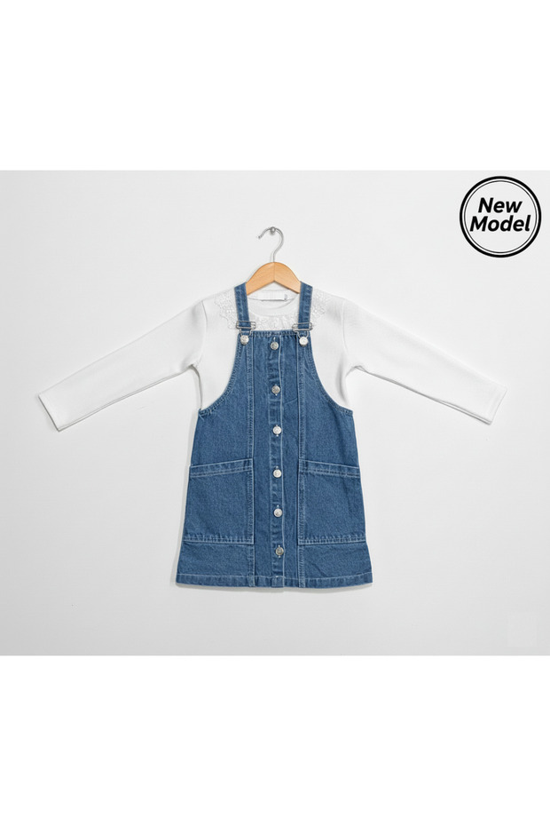 Girl's Trend Denim Jeans Gilet and Corded Fabric Combed Cotton Blouse with Lace Collar 2-Piece Set