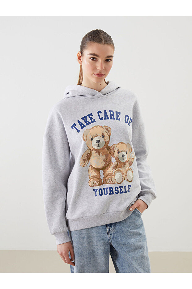 Xside Bear Teddy Printed Oversize Women's Thick Hoodie (S5)