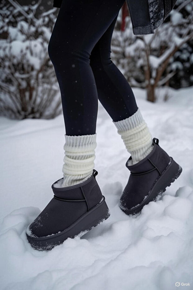 Women's Gray Suede Fur Lined Casual Boots Thick Sole Ankle Short Warm Bootie Comfortable Stylish Shoes