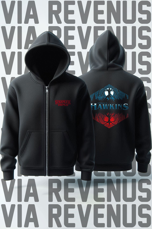 Stranger Things Hawkins Front and Back Printed Unisex Zip up Hooded Sweatshirt Cardigan