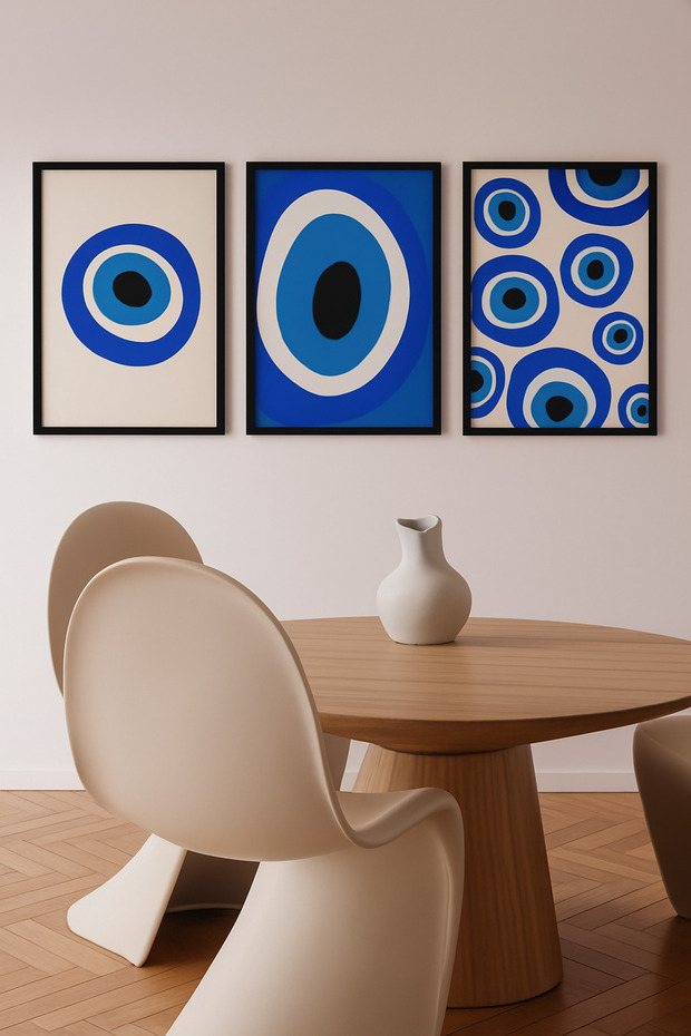 Laminated Framed Pvc Protected Uv Printing 3-Piece Evil Eye Bead Patterned Painting Set – Modern Wall Decor