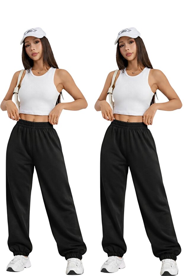 2-Piece High Waist Winter Fleece-Lined Unisex Full-Fit Elastic Leggings Sweatpants