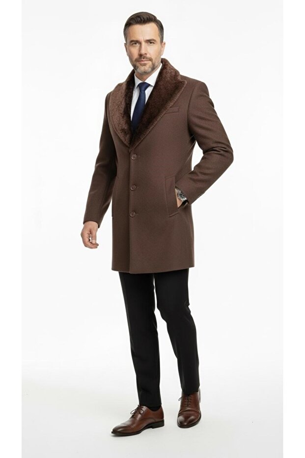 Men's Long Melton Coat Overcoat Jacket – Detachable Fur Collar, Lined and Pocketed Slim Fit