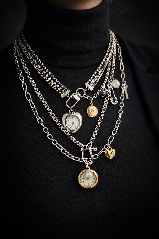 Vintage Style Multi Chain Necklace - Heart and Clock Detailed Charm Necklace Set - Melekcehobi Jewelry
