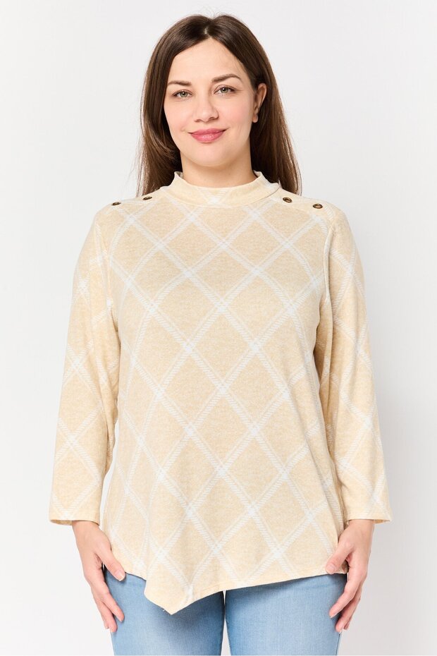 Women Mock Neck Long Sleeve Checkered Top, Beige