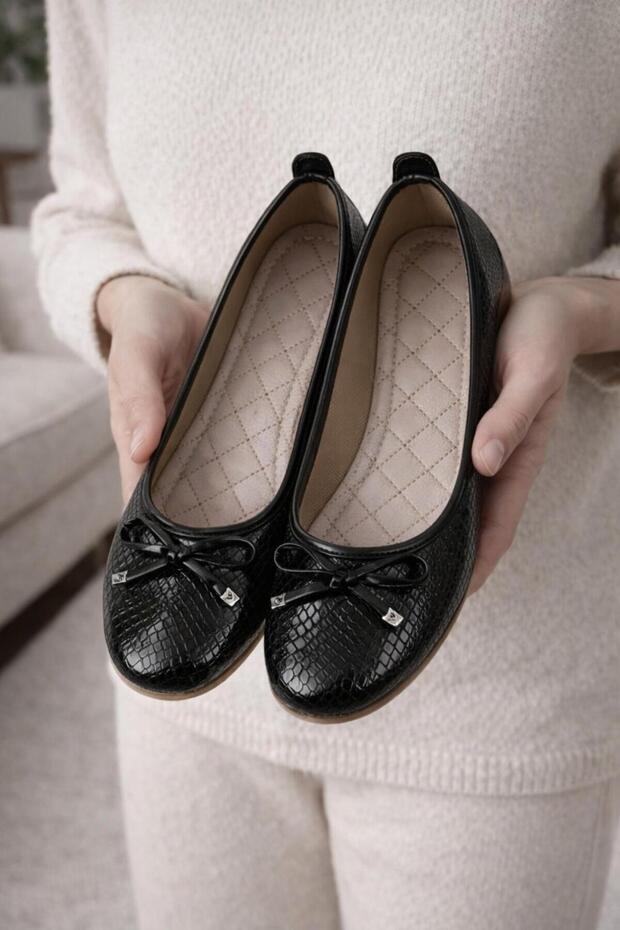 Auri Shiny Patterned Bow Detailed Non-Slip Sole Orthopedic Women's Ballerinas