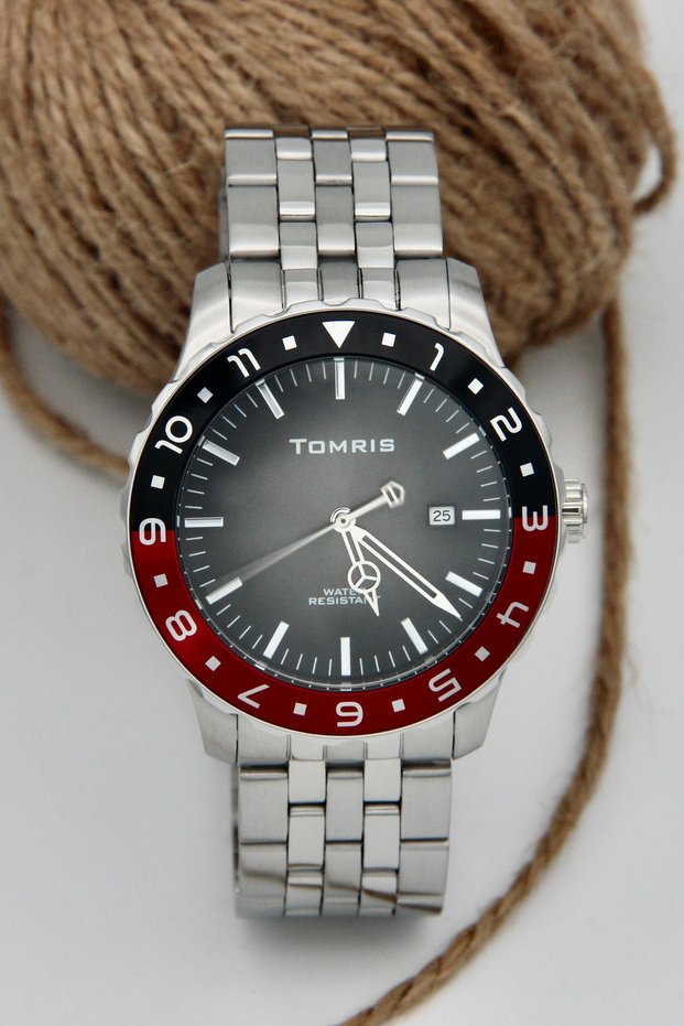 Steel Men's Wristwatch, Waterproof, with Calendar, Silver Color Cord, Black Red Rotating Bezel, Black Men's Wristwatch