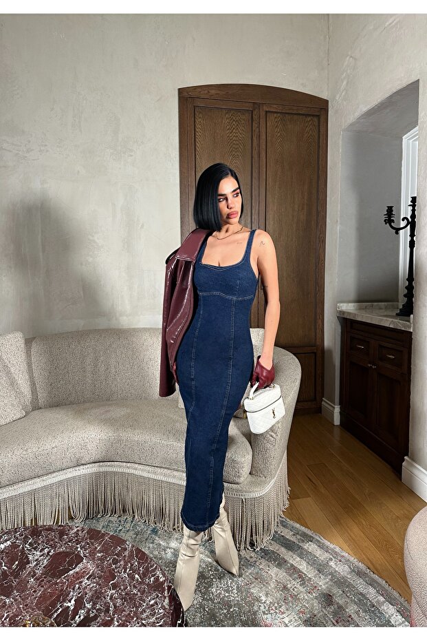 Askılı Kot Elbise - 3