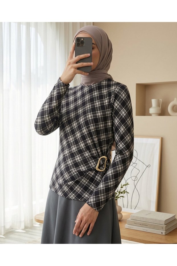 Plaid Patterned Blouse with Side Buckle
