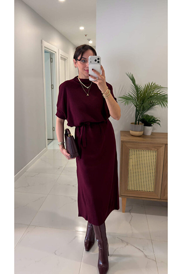 Molda Bordo Kemerli Triko Elbise - 2