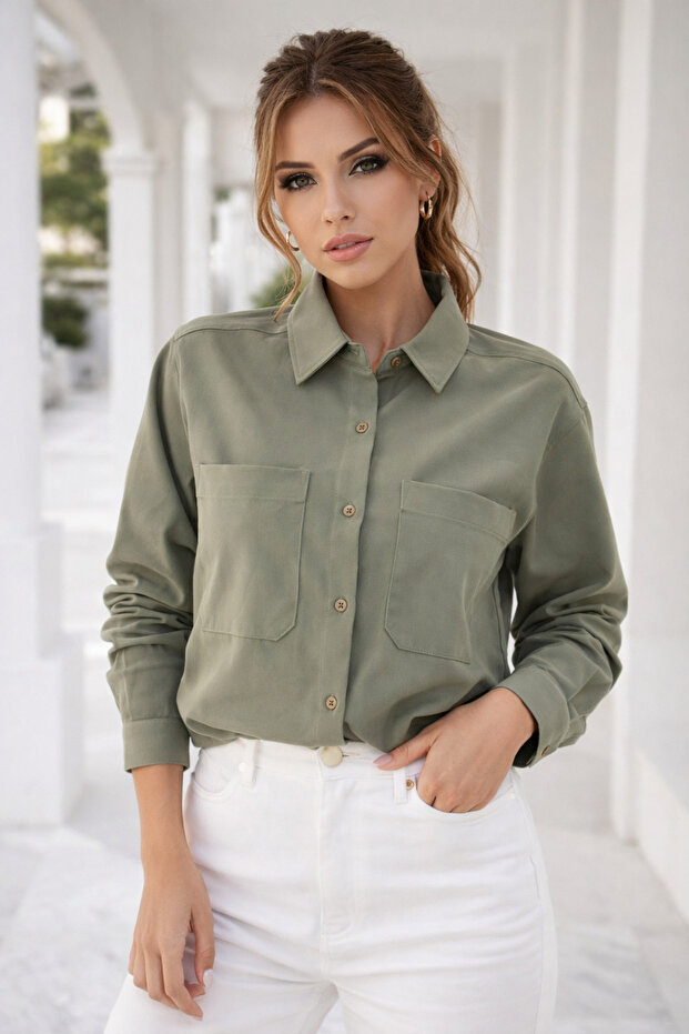 Kadın Haki Oversize Cepli Basic Gömlek - 5