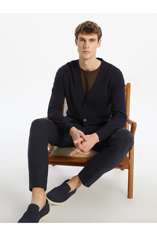 Navy Blue Standard Fit V-Neck Men's Knitwear Cardigan