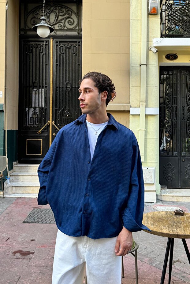 Corded Fabric Kadife Oversized Shirt Navy Blue