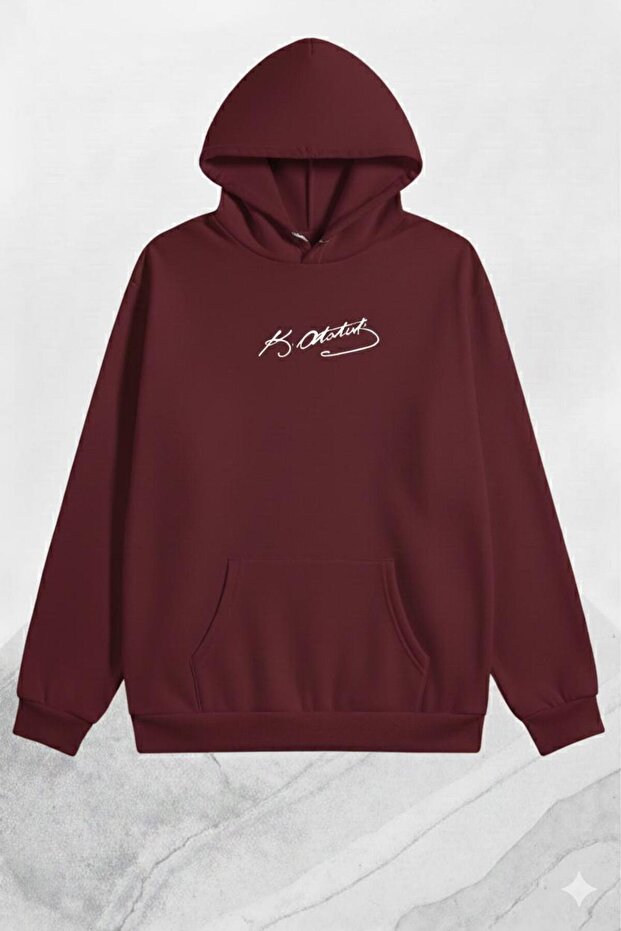 Unisex Claret Red Ataturk Printed Hooded Sweatshirt