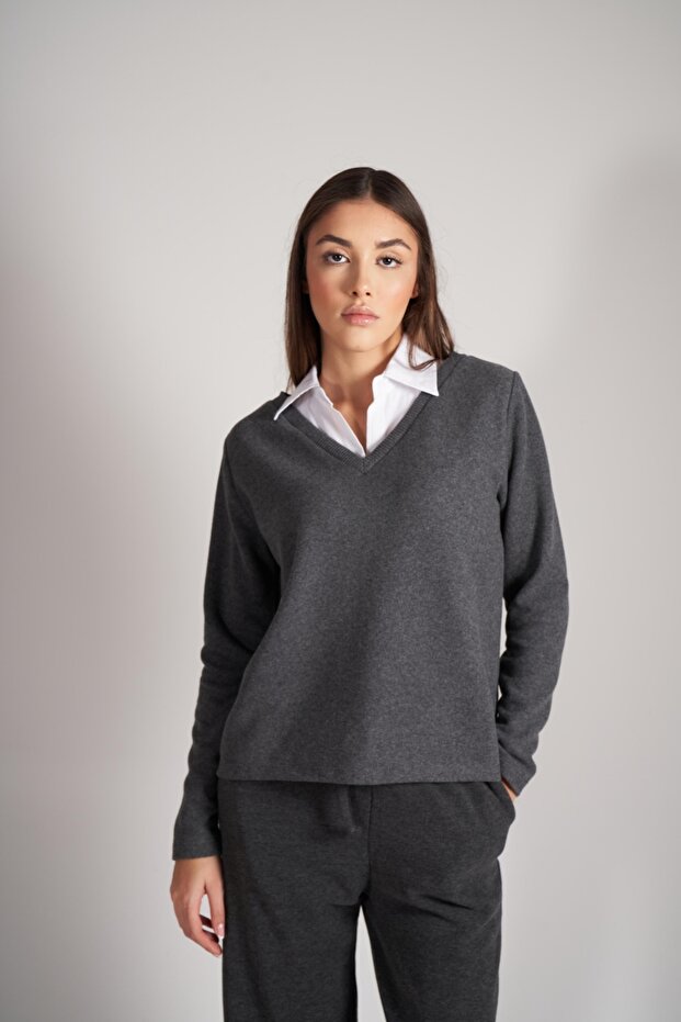 Gömlek Yaka Triko Sweatshirt - 2