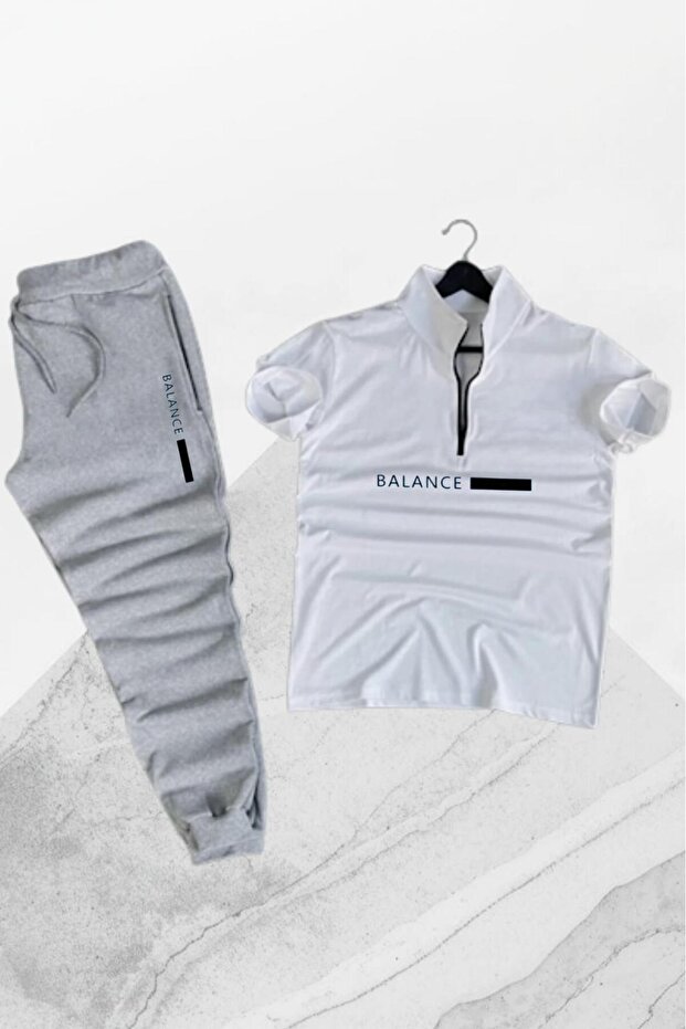 Unisex White Zippered Tshirt Gray Summer Tracksuit Bottom Balance Printed Set