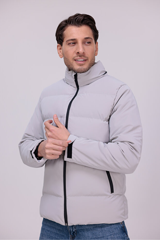 Men's Stone Winter Nova Fabric Water and Windproof Detachable K Hooded Puffer Jacket with Inner Pocket