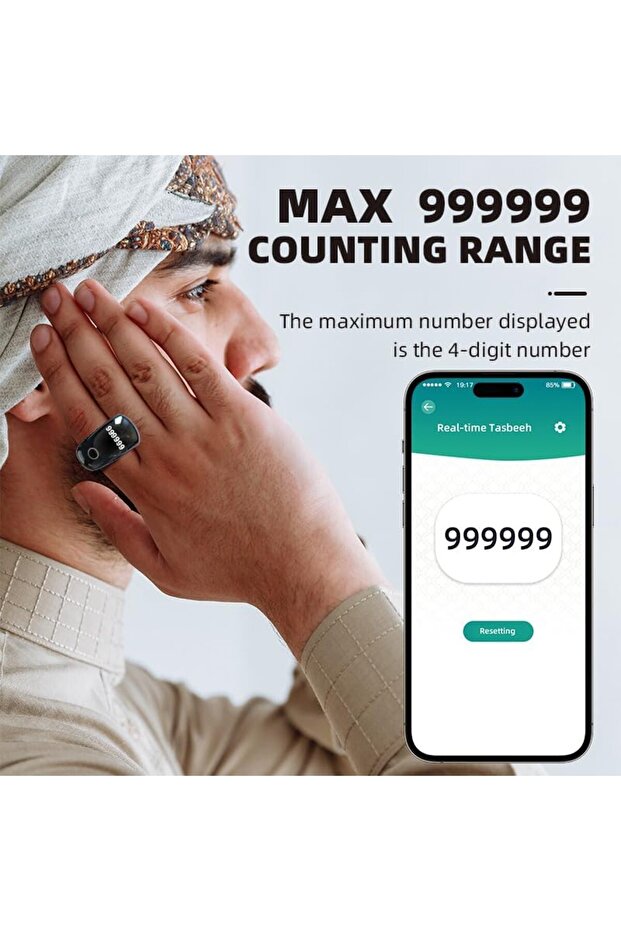 خاتم ذكي، شحن لاسلكي، أزرار لمس، 5 أحجام قابلة للتبديل، 999999 كحد أقصى للعدد (أسود) - 6