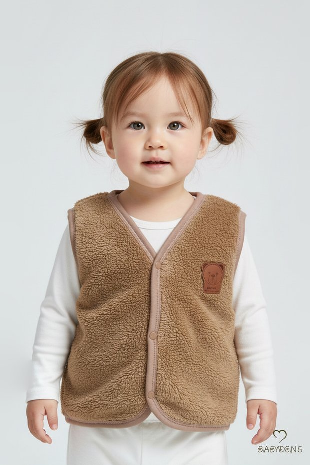 Welsoft Baby Girl Snap Fastener Vest | Soft Textured, Teddy Bear Emblem, Plush Baby Vest Brown
