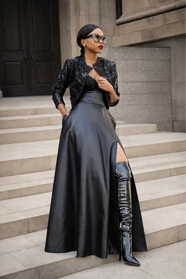 Women's High Waist Long Slit Leather Skirt