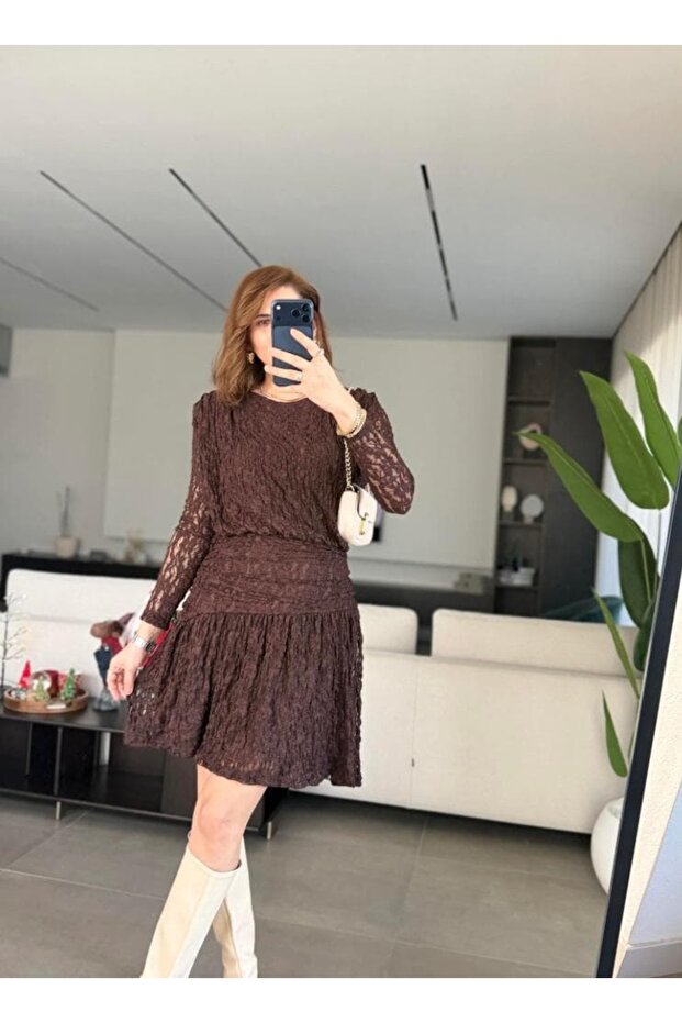 Dantel Drapeli Mini Elbise - 4