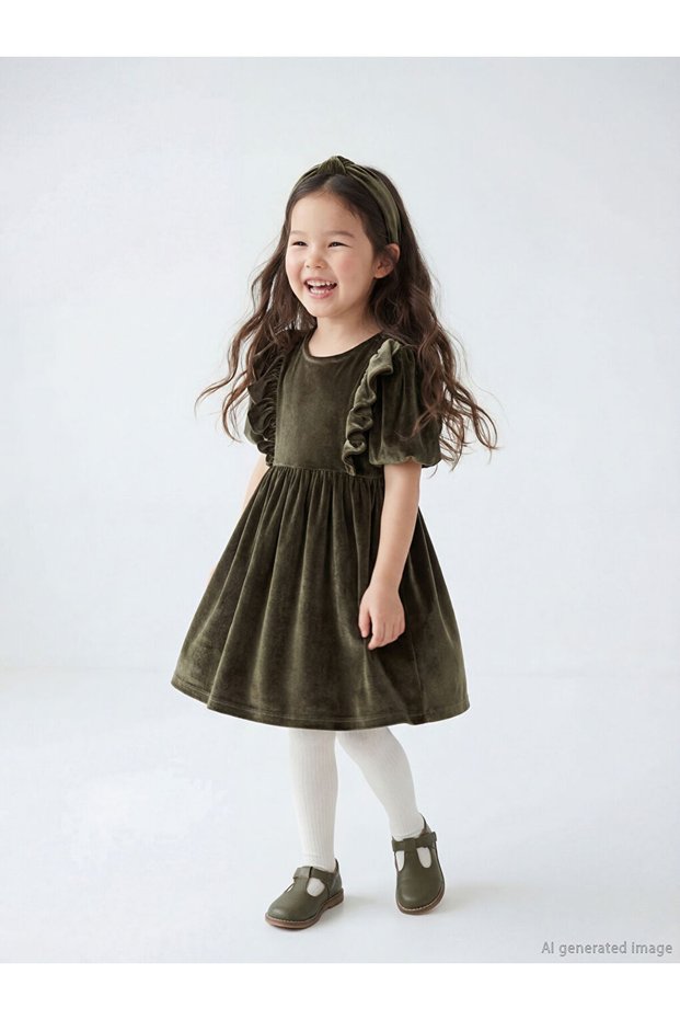 Lcw Kids Green Crew Neck Ruffle Girls Velvet Dress