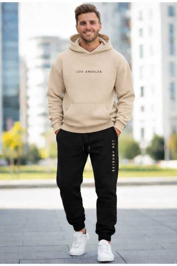 Unisex Beige Hooded Oversized Los Angeles Printed Bottom Top Tracksuit Set-Sportswear -Premium
