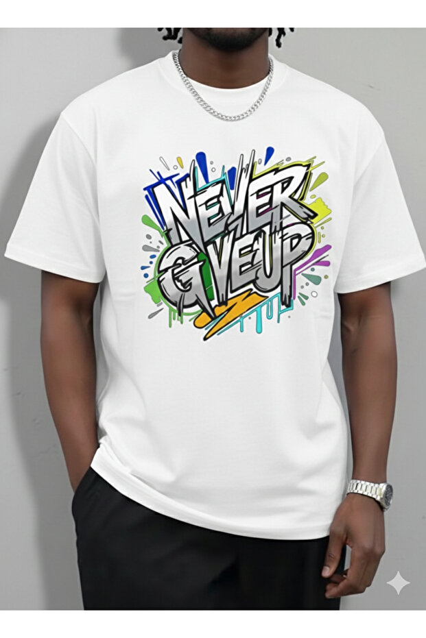 Never Give up Graffiti Printed Oversized Combed Cotton T-Shirt 100% Cotton