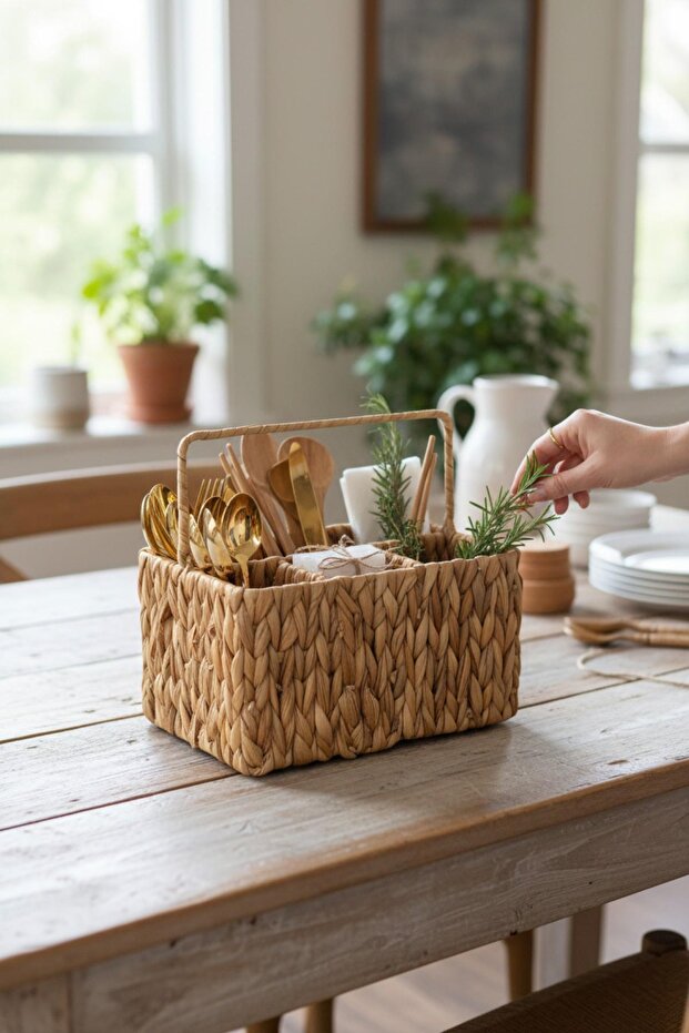 Wicker Countertop Cutlery Holder, 4 Compartments with Hanger