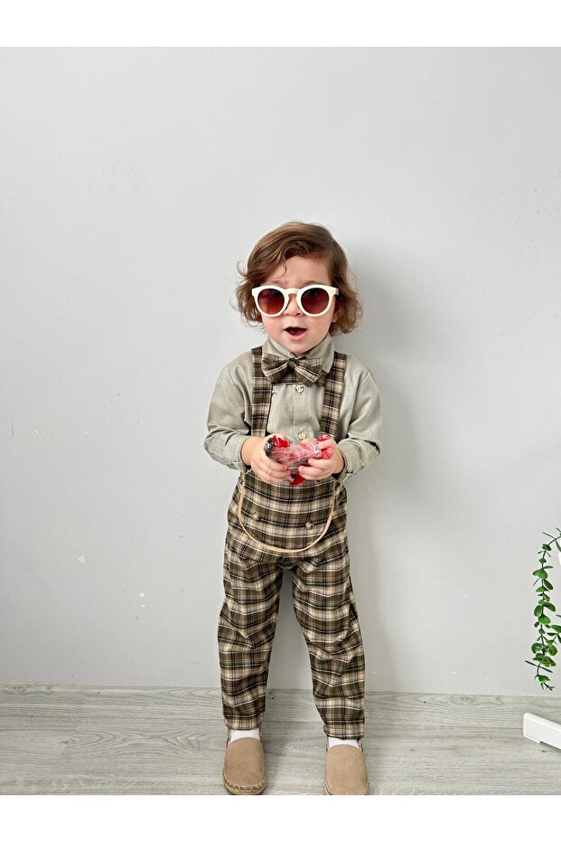 Mini Gentleman Plaid Salopet Shirt Bow Tie 3-Piece Set