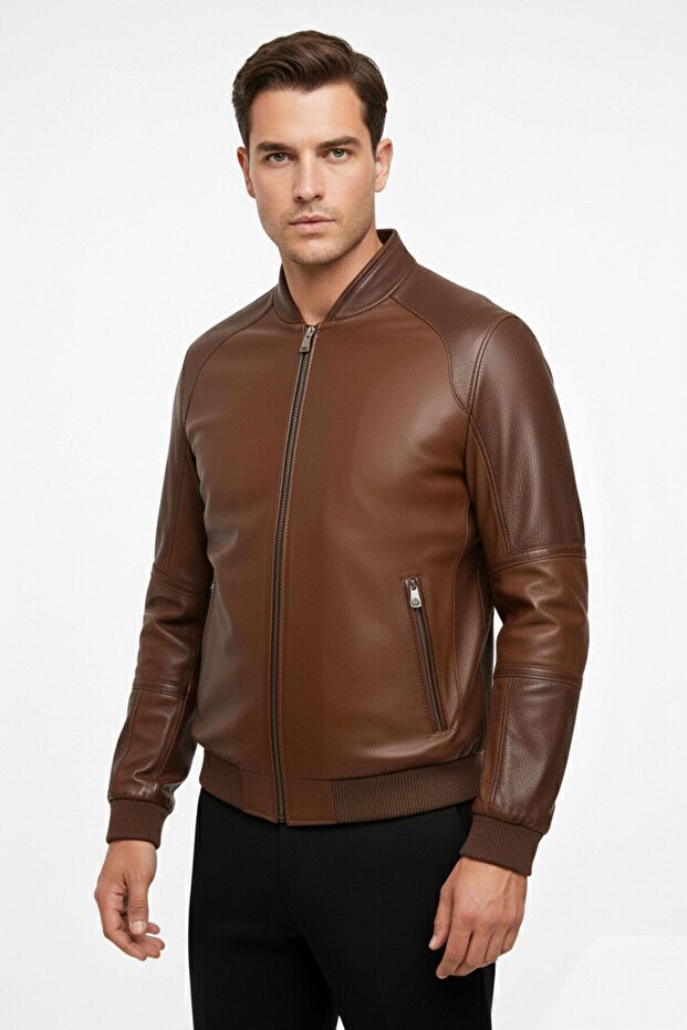 Brown Marco Genuine Leather Men's Bomber Jacket
