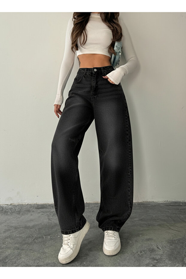 Black Embroidered Back Kem Belt Kali Bol Wide-Leg Ggy