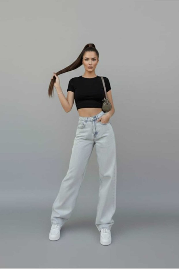 Ariane Ice Snow Wash Buckle Detail Loose Fit Wide Leg Comfortable Baggy Jean Denim Casual Women's Pants