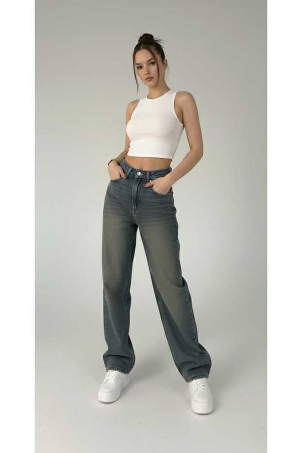 Damis Green Wash Buckle Detail Loose Fit Wide Leg Comfortable Baggy Jean Denim Casual Women's Trousers