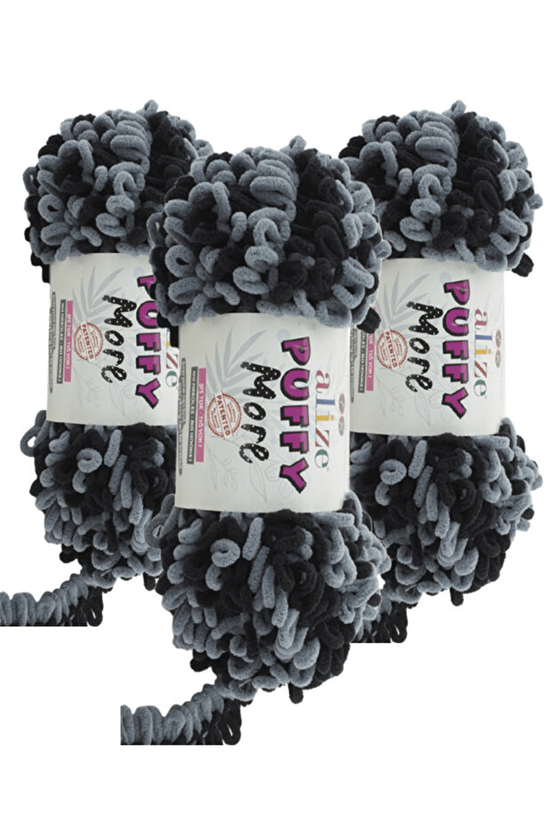 Puffy More Hand Knitting Yarn 3 Pieces – 6284 Black/Grey – 150 Gr. 11.5 Meters. – Blanket, Scarf, Vest
