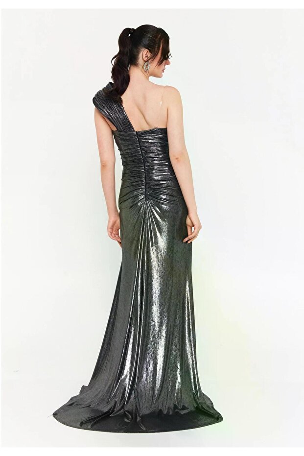 6019SIM TEK OMUZ SİMLİ LAME ELBİSE - 2