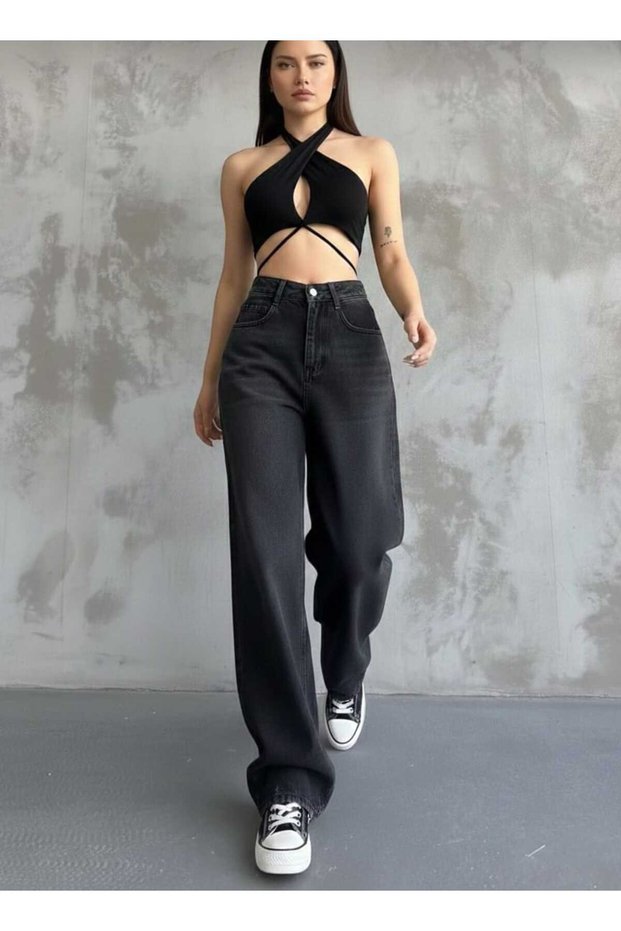 Echo Black Wash Buckle Detail Loose Fit Wide Leg Comfortable Baggy Jean Denim Casual Women's Trousers