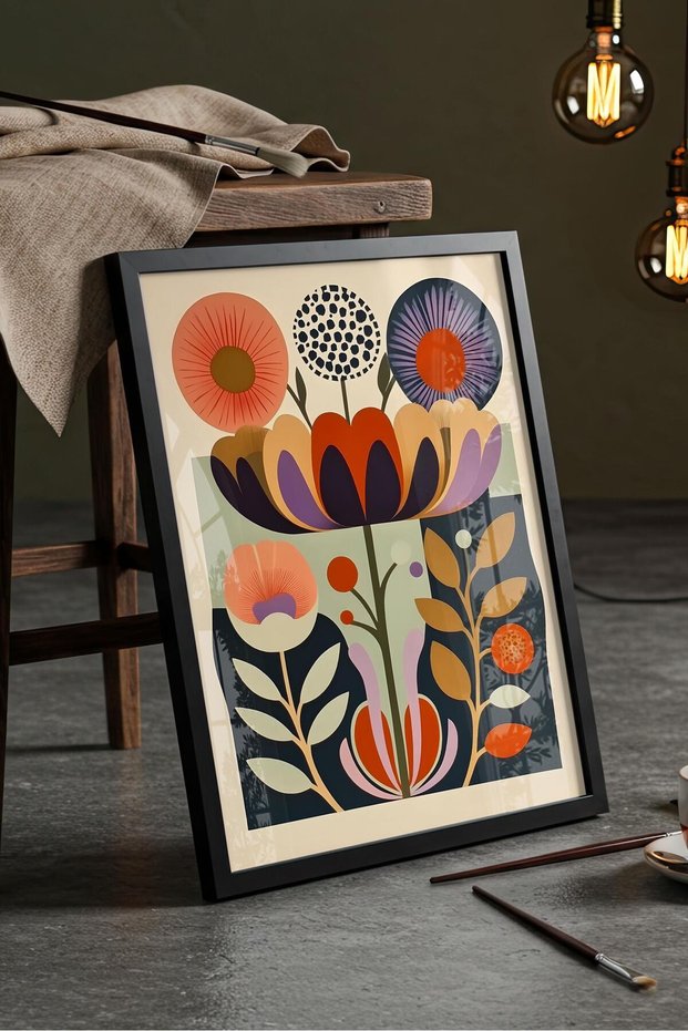 Modern Folk-Art Flower Garden - Painting with Black Frame