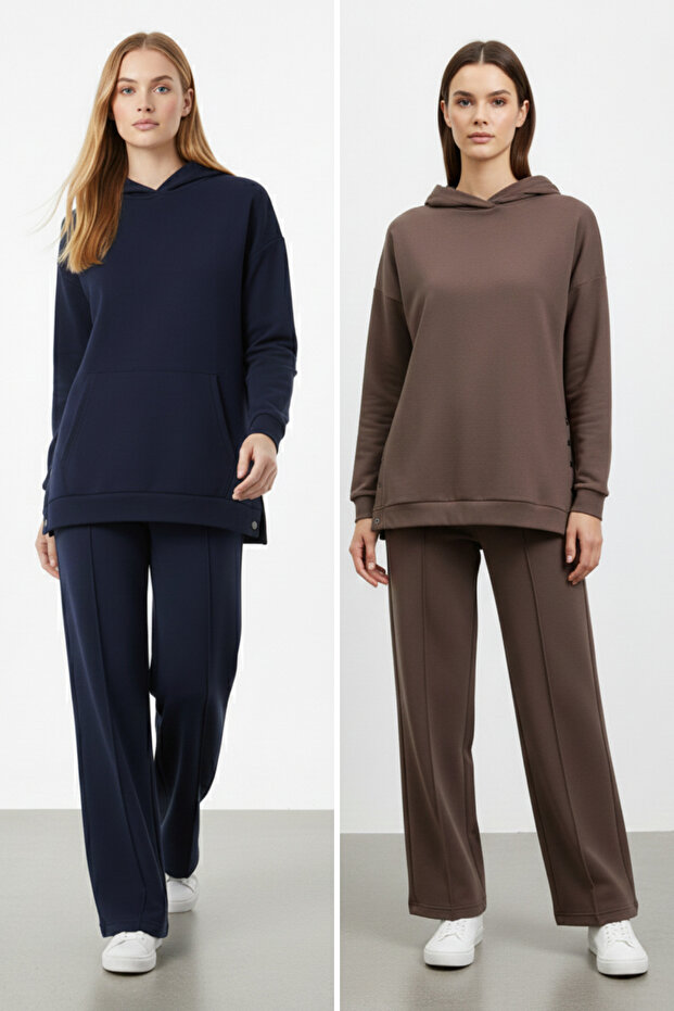 Women's Hooded Side Snap Detail Sweatshirt and Ribbed Pants 2-Piece Top and Bottom Set