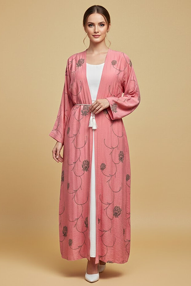 2 Pieces Women’s Long Pink Floral Kimono Abaya Stylish Open Robe With Inner Modern Dress Set