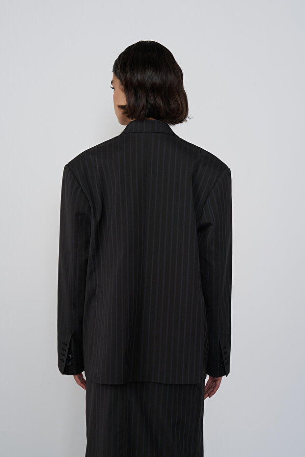 Çizgili Oversize Blazer Ceket - 4