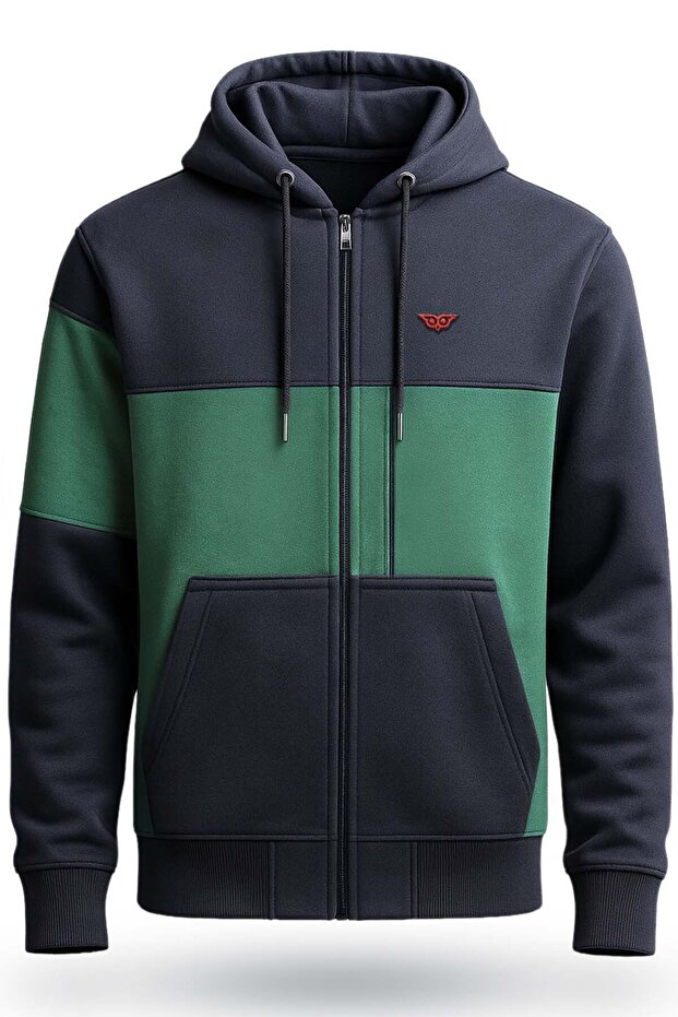Unisex Color Blocked Hooded Zipper Sweatshirt 100% Cotton Kangaroo Pocket Design Sweatshirt