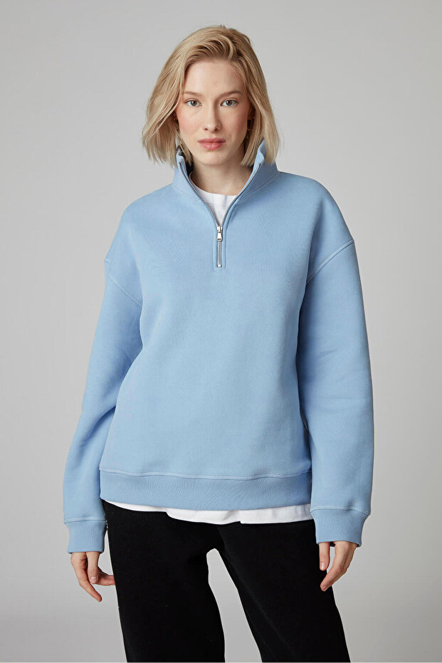 Fermuarlı Dik Yaka Oversize Sweatshirt - 2