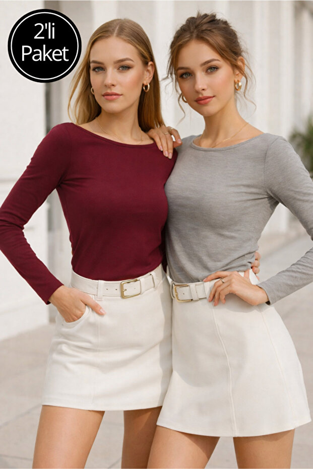 Women's Grimelange-Burgundy 2-Pack Boat Neck Long Sleeve Blouse
