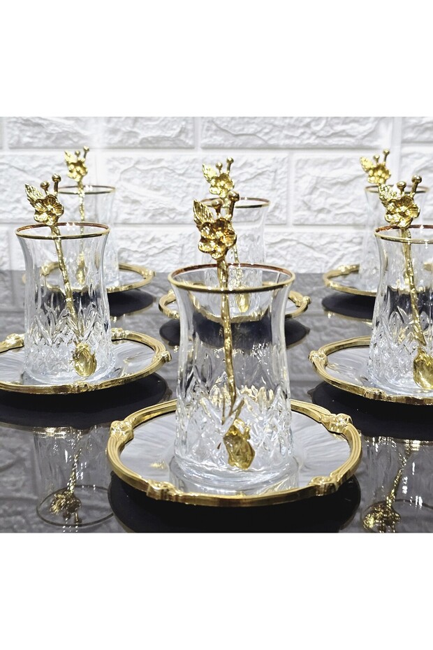 ODİN Genuine Gilded Rose-Framed and Spoon Tea Set 18 Pieces - 6 Plates 6 Glasses 6 Spoons Silver-Gold