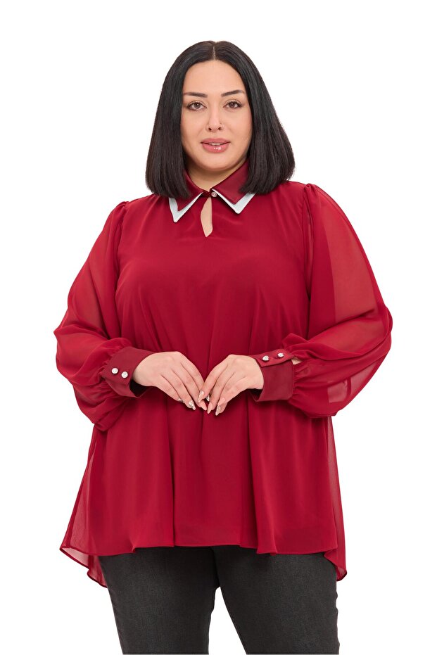 Plus Size Double Layer Chiffon Lined Burgundy Blouse